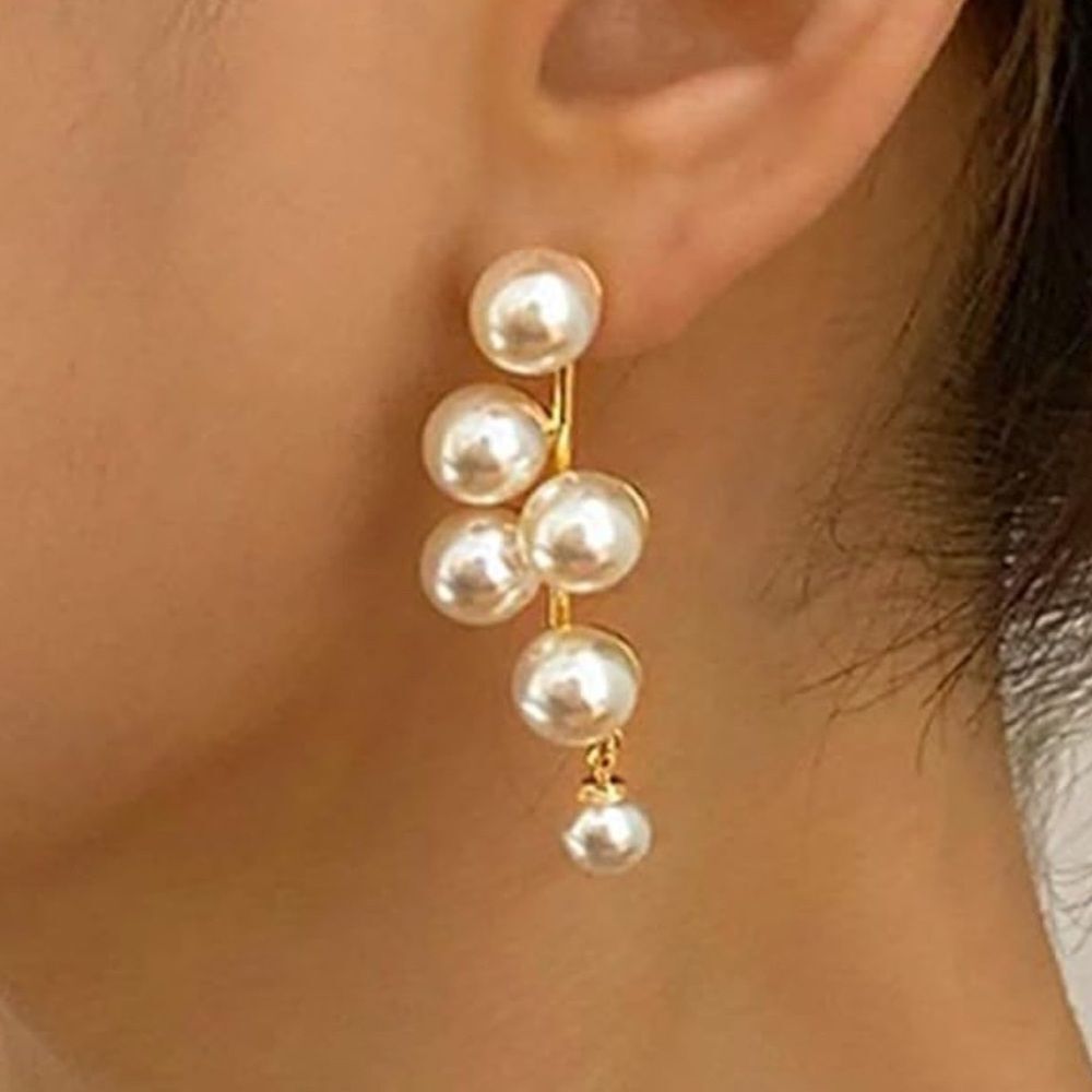 Women’s Gold Pearl Cluster Earrings Elegant Long Drop Dangle Statement Jewelry